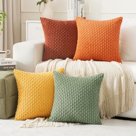 MIULEE Fall Burnt Orange Throw Pillow Covers Soft Couch Decorative Set of 4 Boho Striped Pillow Covers Corduroy Pillowcase Farmhouse Home Decor for Couch Bed Sofa Living Room 18x18 Inch Yellow Orange