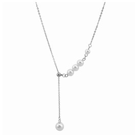 Pearl Beads Pendant Necklace Vintage Faux Pearl Lariat Y-Shape Necklace Chain Jewelry for Women (Silver)