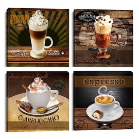 Wall HDQ Coffee Wall Art for Cafe Kitchen Dining Room Wall Decor Vintage Coffee Brown Canvas Pictures Cappuccino Mocha Espresso Artwork Print Painting Walls Decoration 16''x16'' x 4Pcs