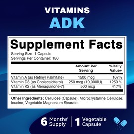 Vitamatic ADK Vitamin Supplement, 180 Veg Capsules, High Potency Vitamins A, D3, K2 for Bone Health, Calcium Absorption, Non-GMO, Gluten Free