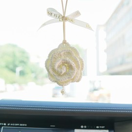 Car Mirror Hanging Accessories,Hand Knitted Rose Flower Car Ornament Car Charms,Crochet Car Accessories Cute Rearview Mirror Accessories for Women and Girl