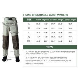 8 Fans Mens Womens Waist Waders,3-Ply Durable Breathable Waterproof Stockingfoot Insulated Wading Pants for Fishing Kayaking Size XL Khaki