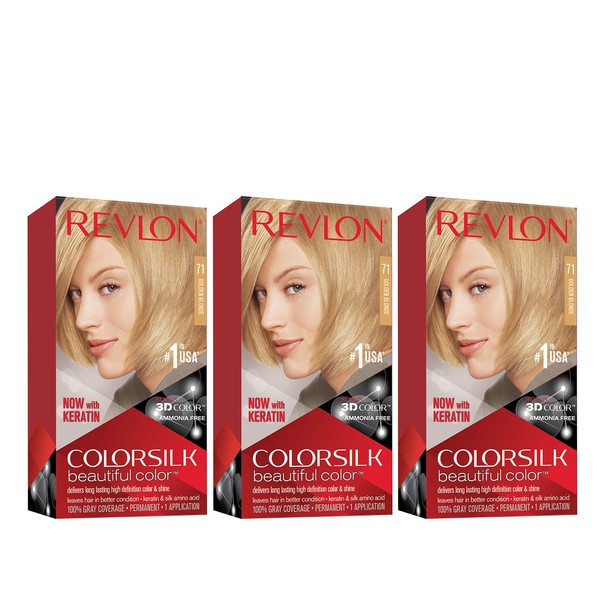 Revlon Colorsilk Beautiful Color Permanent Hair Color with 3D Gel Technology & Keratin, 100% Gray Coverage Hair Dye, 71 Golden Blonde, 4.4 oz (Pack of 3)