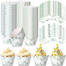 Domensi 100 Pcs Eucalyptus Greenery Cupcake Wrappers Rustic Cupcake Liners Eucalyptus Olive Leaf Baking Cups Baking Liners for Wedding Baby Shower Bridal Showers Birthday Party Supplies Dessert Decor
