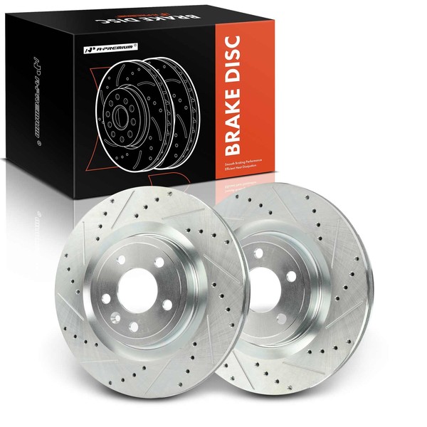 A-Premium 13.22 inch (336mm) Front Drilled and Slotted Disc Brake Rotors Compatible with Select Ford Models - Mustang 2011 2012 2013 2014, 2-PC Set