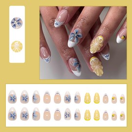 24Pcs Cute French Tip Press on Nails Almond Short Fake Nails with 3D Lemon Design Summer Glue on Nails Blue Flower False Nails Yellow Fruit Acrylic Nails Short Artificial Stick on Nail for Women