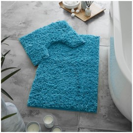 VELVETIO Bath Mats & Pedestal Set, Zero Twist Fluffy Super Soft 100% Microfiber Non-Slip Shaggy 2 Piece Bathroom Rugs, Extra Thick Machine Washable Water Absorbent Toilet Rug Sets, Turquoise