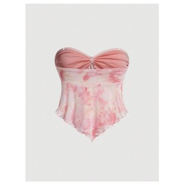 GORGLITTER Women's Floral Flowy Strapless Tube Top Babydoll Coquette Going Out Cute Bandeau Tops Pink Small