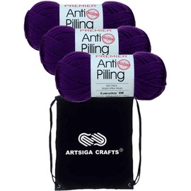 Premier Yarns Anti-Pilling Everyday DK Solids Purple 1107-09 (3-Skeins-Same Dye Lot) DK Light Worsted #3 Anti-Pilling Acrylic Yarn for Crocheting and Knitting with Project Bag