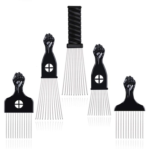 Hair Pick - BIGEDDIE 5 Pcs Metal Picks for Hair, Afro Pick Combs for African American Hair Styling, Fist Hair Pick Comb for Women and Men