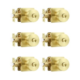 Tinewa 6 Pack Gold Interior Privacy Door Knob with Lock, Brushed Brass Bedroom Door Locks, Keyless Privacy Door Handle Locks, Zinc Alloy Heavy Duty Door Knobs on Square Rose