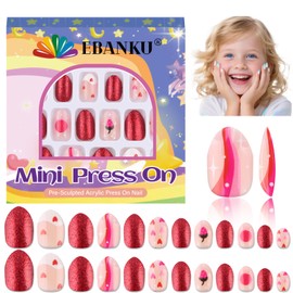 EBANKU 26 Pieces Kid Fake Nail Kit, Almond Press on Nails for Kids Lovely Heart Press on Nail Short Artificial False Nail Kits for Kids Girls