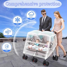 Double Stroller Rain Cover, Universal Double Stroller Cover for Side by Side Stroller, Food Grade EVA Material, Odorless, Dual Ventilation Window, Twins Stroller Cover for Wind/Snow/Dust/Rain