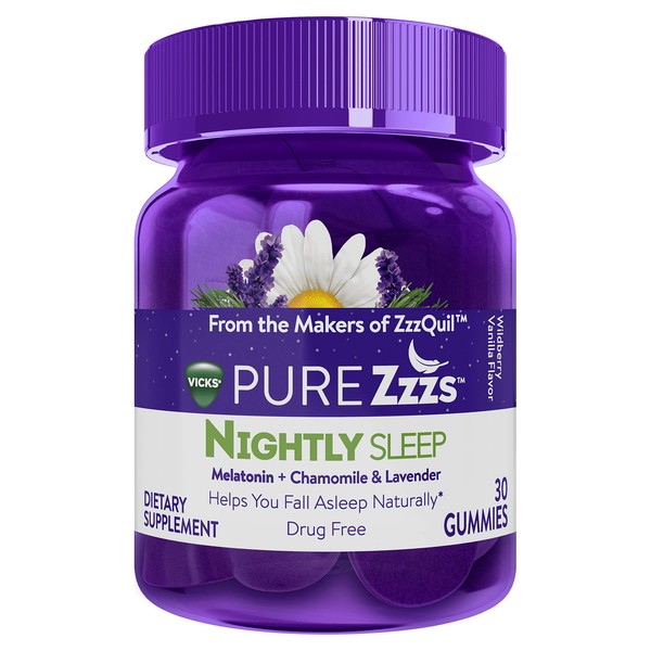 ZzzQuil Pure Zzzs De-Stress Melatonin Sleep Aid Gummies, Helps Calm Your Mind and Body, Ashwagandha for Stress Support, Sleep Aids for Adults, 1 mg per Gummy, 42 Count