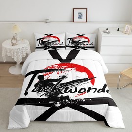 Boys Taekwondo Comforter Set for Bedroom Living Room,Kids Teens Japanese Sports Bedding Comforter Sets Twin All Season,Black White Striped Waistband Decor Quilt Comforter with 1 Pillowcase