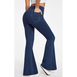 IUGA Bell Bottom Jeans for Women High Waisted Stretchy Flare Jeans Pull On Wide Leg Jeans V Cross Tummy Control Flare Pants Dark Blue