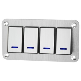 X AUTOHAUX 4 Gang Rocker Switch Panel 3 Pin on OFF Pre-Wired Toggle Switch Control Waterproof Aluminum Alloy Blue LED Light Push Button for 12V 24V Silver Tone
