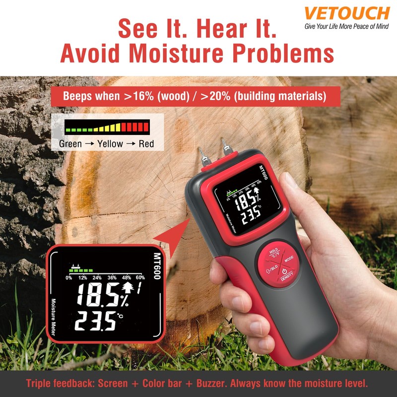 VETOUCH 2 in 1 Pin & Pinless Wood Moisture Meter,