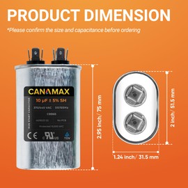 Canamax – Capacitor de arranque ovalado de 10 uF 10 MFD 370/440VAC 50/60Hz (opciones de 3~80 uF disponibles) AC eléctrico para motores monofásicos de enfriamiento directo o bomba de calor – Ajuste