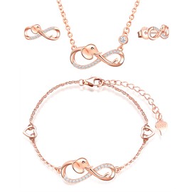 INFINIONLY Jewellery Sets, Women's Girls Necklace Pendant Bracelet Earring, 925 Silver Necklace Bracelet Earring, Cute Elephant Infinity Symbol Jewellery Sets, Zirconia, Rose Gold, Sterling Silver,