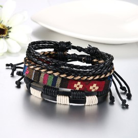JewelryWe Unisex Tribe Handmade Beaded Multilayer Adjustable Leather Strap Bracelet