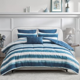 Wonderful Queen Comforter Set, Buffalo Plaid, Wooly Feel, Brushed Hypoallergenic, 3 Pieces with Pillow Shams, Lightweight Cabin Lodge Bedding for All Season (Blue White Wave, Full)