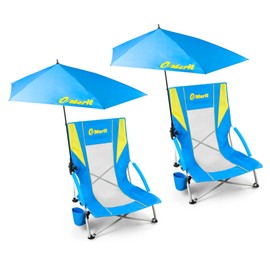 EMERIT Low Beach Chairs for Adults, Sling Beach Chair with Umberalla, Folding Backpack Camping Chair with Cup Holder