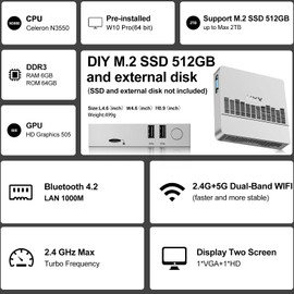 GOODTEL Mini PC, Micro PC Support M.2 SSD 2TB Expansion, Mini Computer with Processor N3350, 4K HD and VGA Dual Display,BT,2.4/5G WiFi,USB3.0,LAN,VESA Mount/Home/Business Mini Computer, Silver