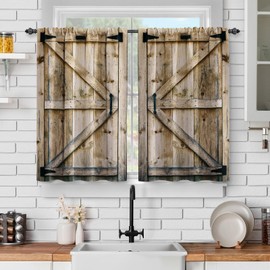 Jekeno Rustic Wooden Kitchen Curtains - Vintage Farmhouse Short Cafe Curtains for Living Room Bedroom Decor Brown Barn Door Tier Curtains Rod Pocket Window Drapes 45 Inches Length 2 Panel Set