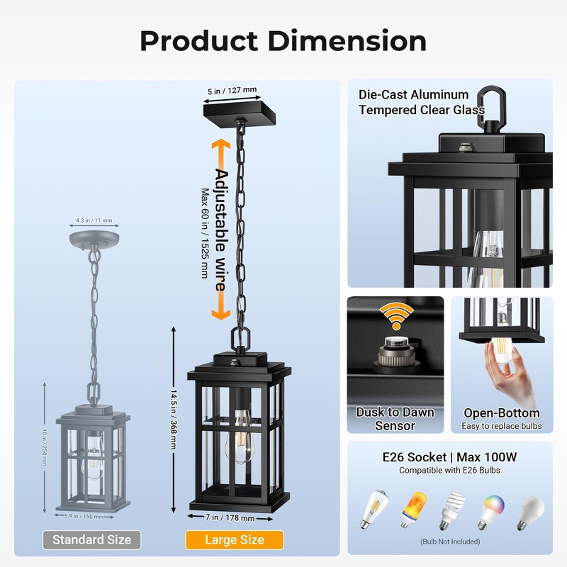 OPAXIS Dusk to Dawn Outdoor Hanging Lights, 14.5 inch Large