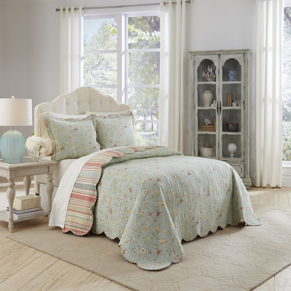 Waverly Garden Glitz Modern Farmhouse Floral 3-Piece Reversible Quilt Bedding Bed Spread Set, Queen, Vapor
