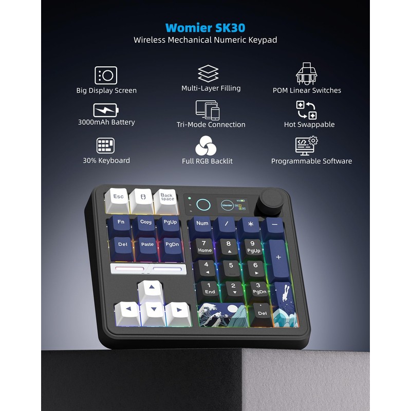 Womier SK30 Mechanical Numpad, Mini Keyboard with Screen & Knob,Black