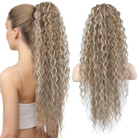 FLUFYMOOZ Ponytail Extension, 26 Inch Bohemian Style Drawstring Ponytail Hair Extensions for Women, Long Curly Wavy Ponytail Synthetic Hairpiece for Women (26 Inch Honey Blonde with Blonde Highlights)