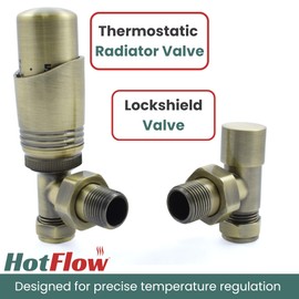 Hot Flow Antique Brass Cascade Angled Modern TRV Thermostatic Radiator Valve (Pair) Includes Angled TRV Body & One Lock Shield for Quick & Easy Temperature Control. Perfect for Energy Saving.