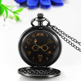 JewelryWe Retro Pocket Watch Vintage Black Analogue Quartz Men Women Watch Pendant with Necklace Chain Watch Pocket Watch Gift, black glasses, Vintage