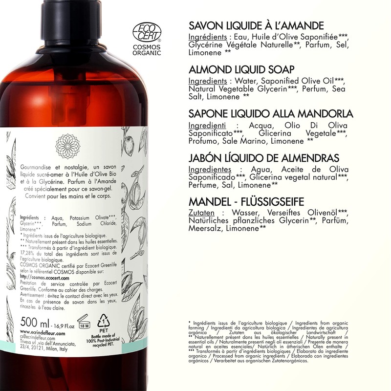 ÉCRIN DE FLEUR Organic liquid soap almond, minimal ingredients and