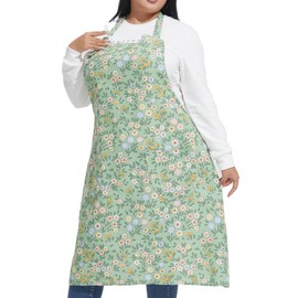 APRONNER Cotton Linen Baking Plus Size Aprons for Women with Pockets Kitchen Cooking Green Sunflower