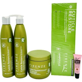 Firenze Professional Cuticle Restore Shampoo 300ml/10.1oz, Conditioner 10.1 oz , Mask Treatment 400ml/ 13.5 oz and Ampoules for extremelt damaged hair 12 x13ml - Free Starry Lip Plumping Gloss 10ml