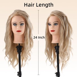 24 Inch Mannequin Head 70% Human Hair with Stand,Real Hair Mannequin Head for Braiding,Cosmetology Manikin Doll Head for Styling with Mannequin Head Stand Table Clamp Hair Braiding Set