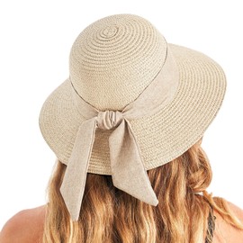 Gajaous Beach Sun Hats for Women with UPF 50+, Wide Straw Hat for Women with Bow Decoration, Lightweight Foldable Summer Travel Straw Hat, B-beige