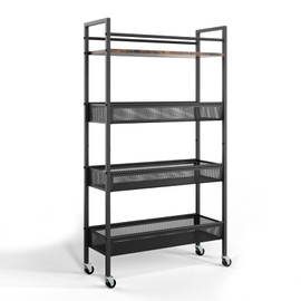 Jsluiiys 4 Tier Slim Storage Cart, Narrow Shelving Unit for Small Space Slide Out Narrow Rolling Cart with Wooden Top Metal Handle and Wire Mesh for Narrow Space on Kitchen Bathroom Laundry Room