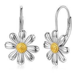 925 Sterling Silver Daisy Earrings 18K White Gold Plated Daisy Leverback Earrings Flower Dangle Drop Earrings for Women