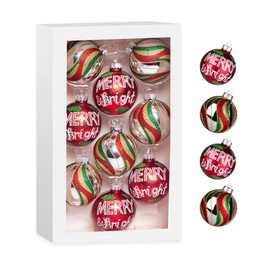 Amooca Christmas Colorful Glass Balls Decoration Festival Party Home Decors Holiday Xmas Tree Hanging Ornaments Set 9pc 2.65in Red Silver Wave Stripes & Merry Night Letters