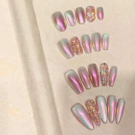 WOMHOPE Press on Nails Handmade Full Cover False Nails with Rhinestone Vintage Flower Aurora Acrylic Nails for Women and Girls 10pcs/Box Long Almond,Coffin (Aurora Pink, Small)