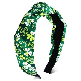 HIFANMM Green Shamrock Headband St Patrick's Day Hair Bands for Women Girls, Green Clover Leaf Wide Knotted Hair Accessories, Top Knot Irish Day Parade Party Decoration Headbands