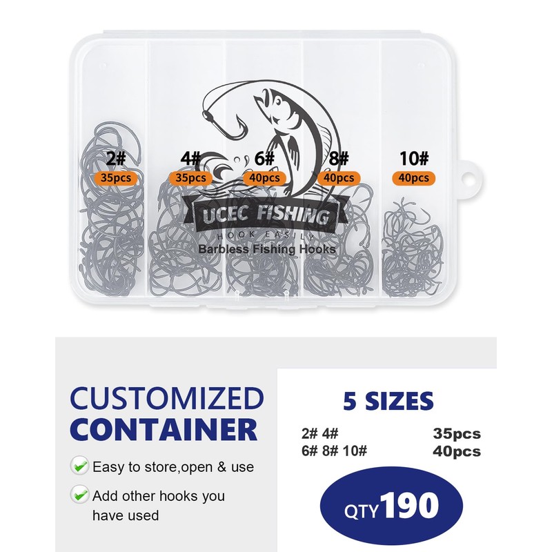 UCEC 190PCS Barbless Fishing Hooks, Carp Hooks Circle Curve Shank