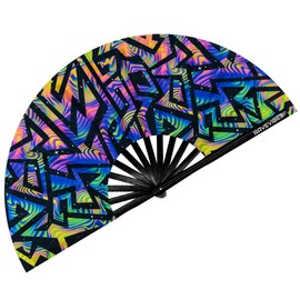 Ravevibes 13" Large Rave Fan Folding Hand Fan, Bamboo Festival Clack Fan Foldable UV Glow Edm Fans For Rave Outfits Accessories Performance Dance Party For Men Women, Neon Lines