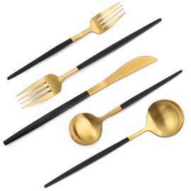 VANVRO Matte Black Gold Silverware Set, 20-Piece Stainless Steel Flatware Set, Satin Finish tableware Cutlery Set, Service for 4, Home and Restaurant, Dishwasher Safe