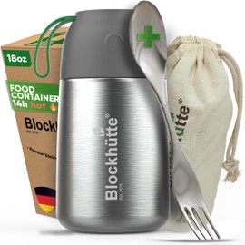 Blockhütte Insulated Food Container I 18 oz I Wide Mouth I 14h Hot Food I with spork, Insulated Food Jar, Stainless steel Soup Flask, Soup Thermos for Adults, Thermos for hot Food Kids