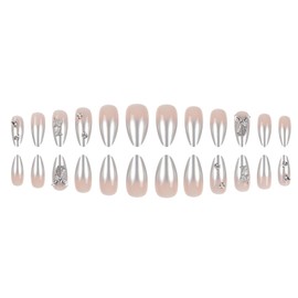 Medium Press on Nails Almond Fake Nails with Bow Butterfly Charms Silver Gradient Nails Press ons Glossy Glue on Nails Stick on Nails for Women 24Pcs